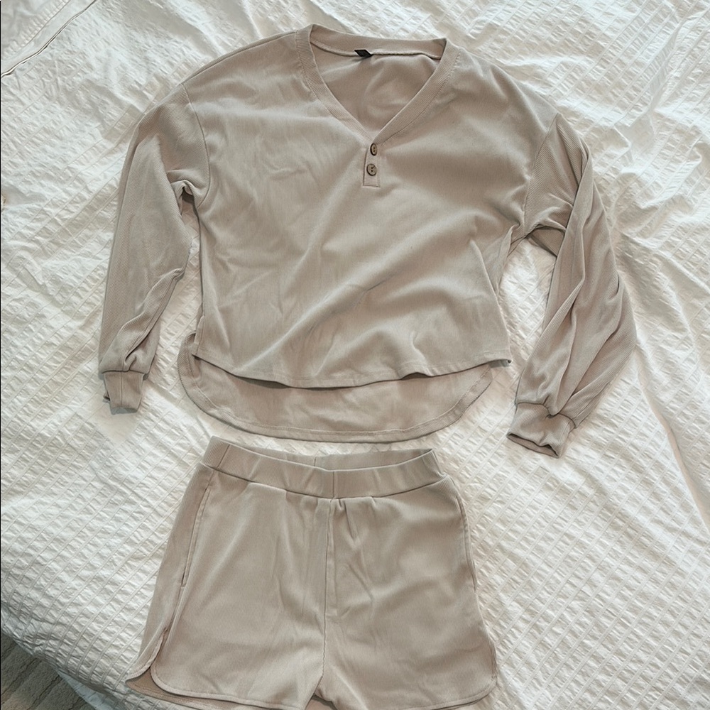 Beige Cozy Knit Pajama Set with Relaxed Fit